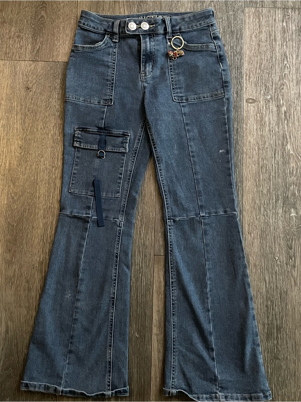 Dark Blue Girls Cargo Flare Jeans - Unbranded